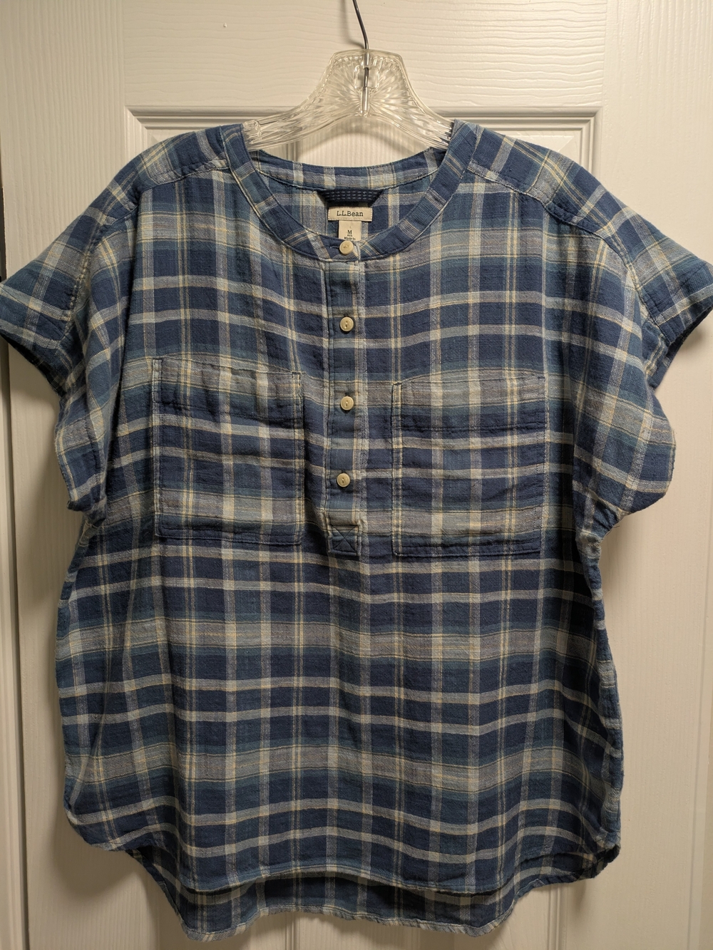 NWOT L.L. Bean Blue Plaid Short-Sleeve Henley Top Sz M